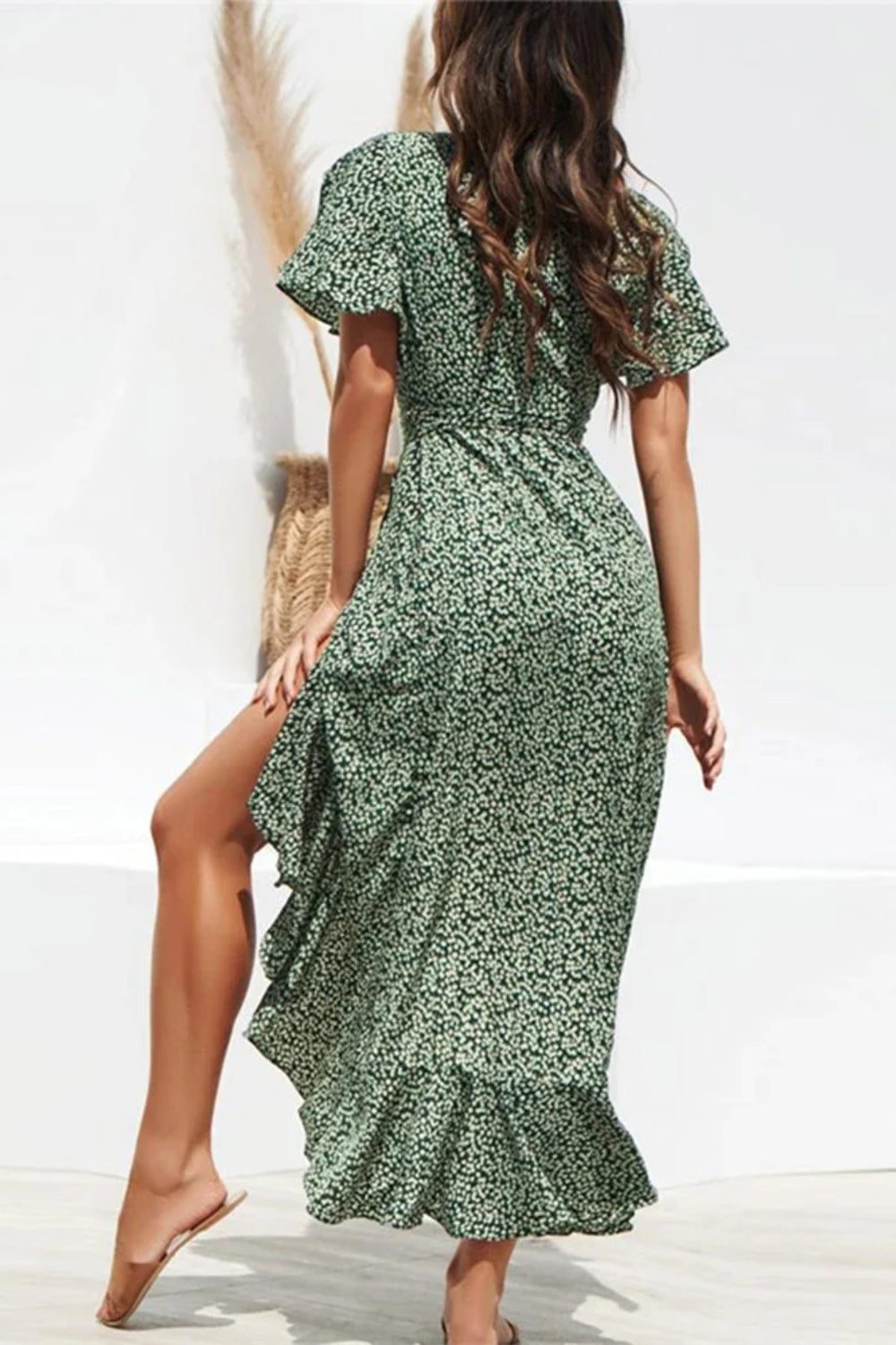Chiffon Floral Ruffle Boho Split Maxi Dress