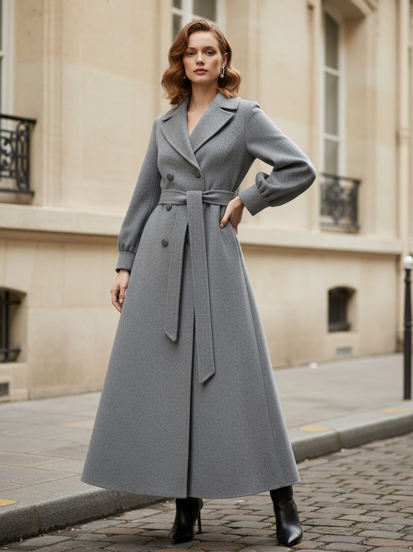 Belted Double-Breasted Woolen Full-Length Coat With Balloon Sleeves For Women 2026
