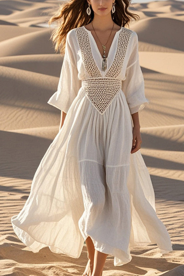 Fashion Hollow V-neck Full Hem Holiday Style Midi Dress