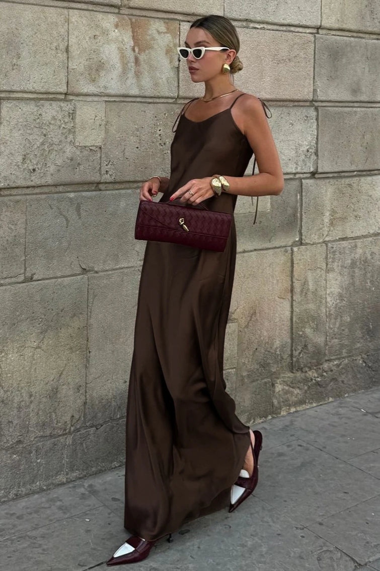 Bow Tie Spaghetti Strap V-Neck Relaxed Satin Slip Midi Dress
