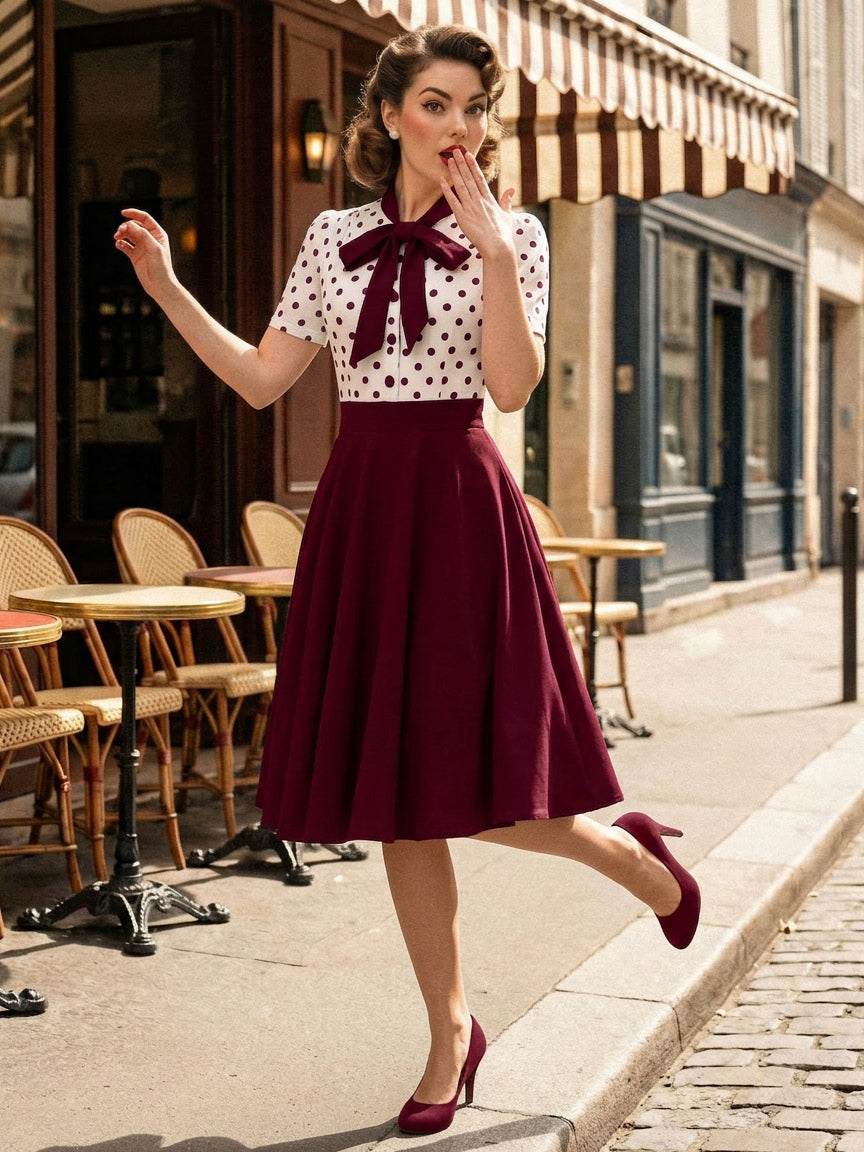 Polka Dot Patchwork Bow Tie Neck Short Sleeve Retro Swing Dress For Women 2026