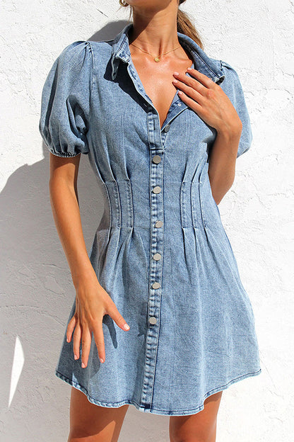 Lapel Button Bubble Short Sleeve Corset Cotton Denim Skirt