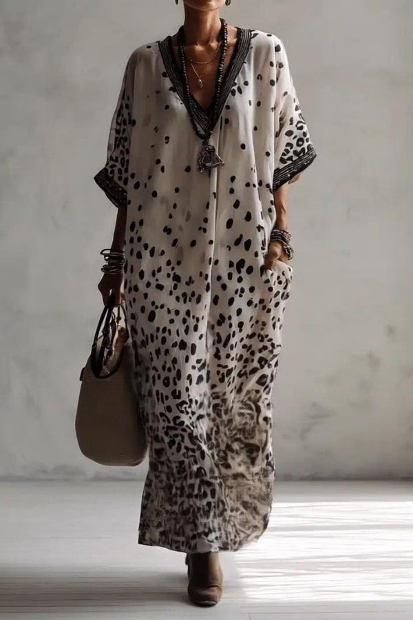 Unique Print V-Neck Half Sleeve Loose Casual Maxi Dress