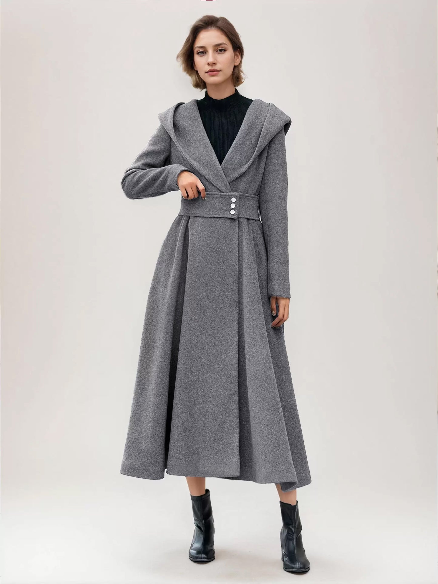Flared Woolen Coat For Woman Hooded Gray Belted A-line Winter Long Outerwear 2026