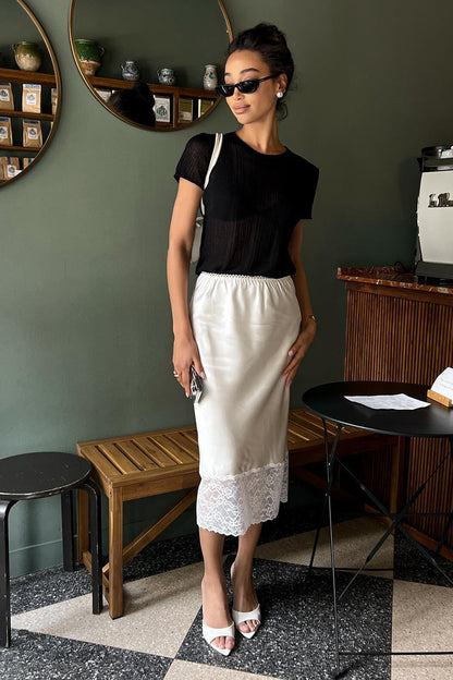 Satin Lace Trim Midi Skirt