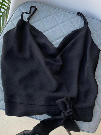 Spaghetti Strap Cowl Neck Knot Crop Top