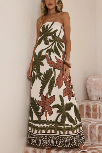 Botanical Print Sleeveless Off-shoulder Resort-style Loose Maxi Dress