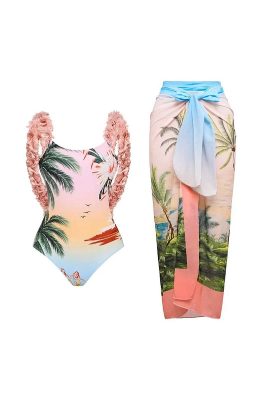 Coconut Tree Print Appliqué One-Piece Swimsuit