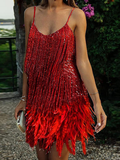 Red Tassel Sequins Feather Fur Dress