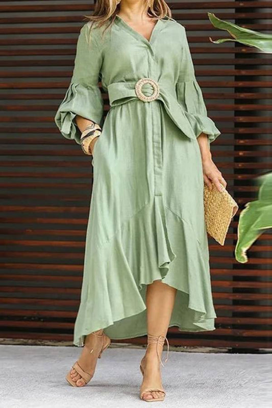 Full-Sleeve V Neck Belt Button Pocket Midi Dress