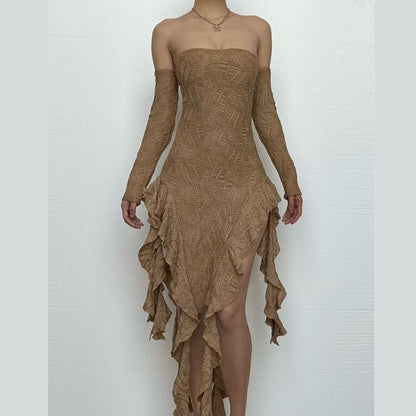 Gloves ruffle backless tube midi dress