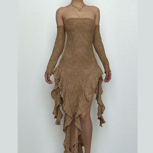 Gloves ruffle backless tube midi dress