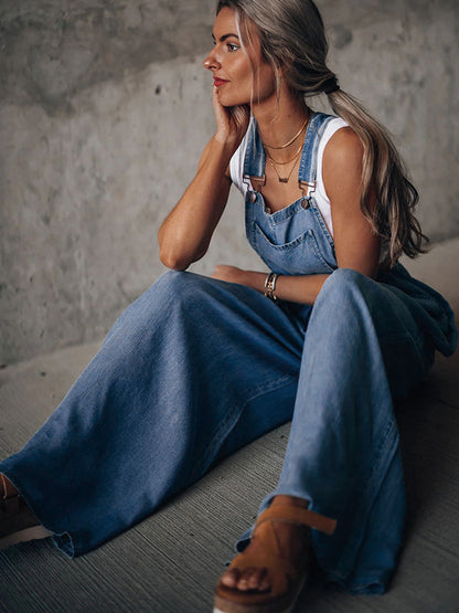 Deep Blue Sleeveless Buttons Convertible Denim Wide Summer Playsuit