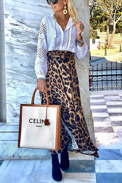 Today’s Journey Satin Leopard Tie Front Elastic Waist Midi Skirt