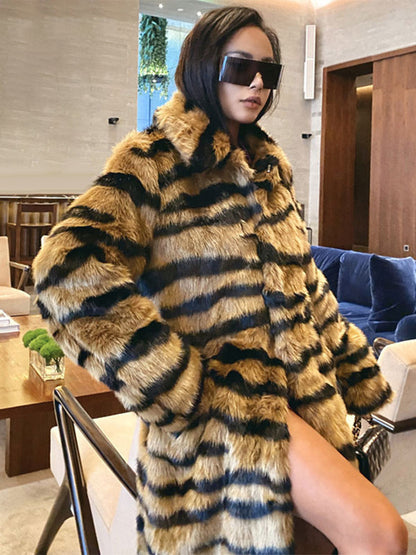 Faux Fur Coat Tiger Print Winter Midi Eco-friendly Fur Coat For Women 2026