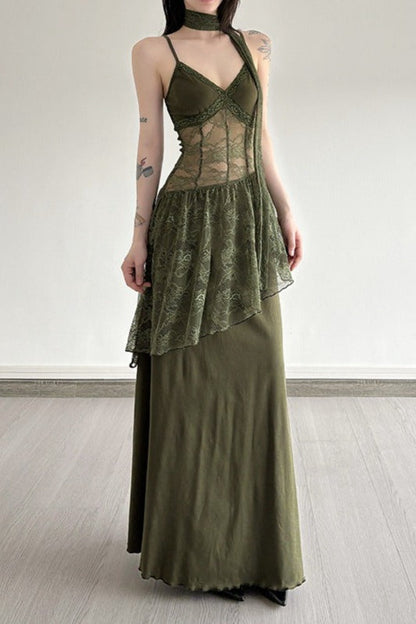 Lace Trim Sheer Waist Tie Cami Maxi Lace Dress