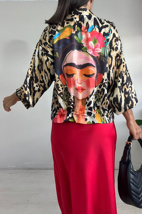 Shiloh Leopard Unique Print Zipper Drawstring Hem Bomber Jacket