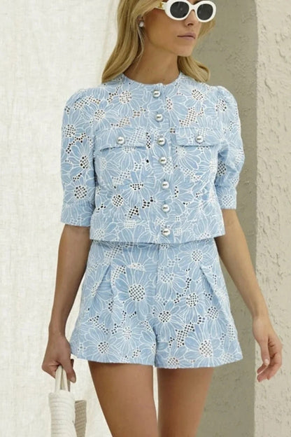 Joyce Floral Embroidered Blouse & Shorts Set