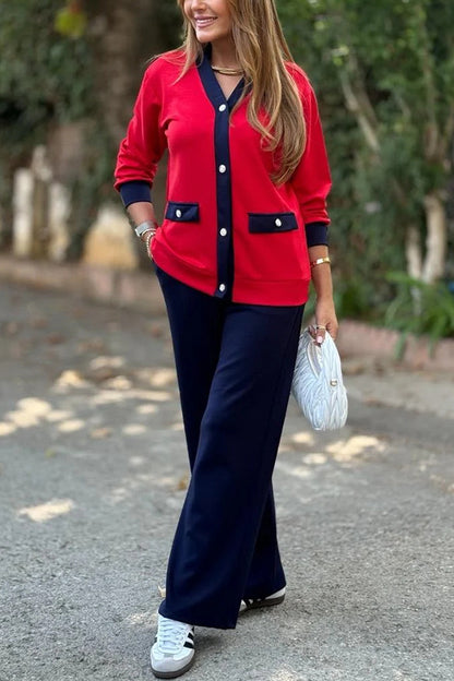 Stylish Color-blocked V-neck Knitted Button-down Cardigan and Elastic Waist Casual Wide-leg Pants Set