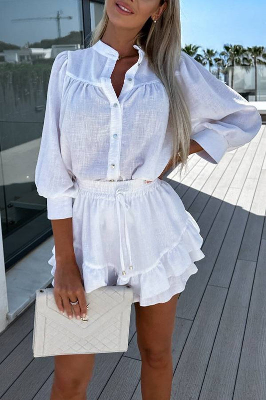 Casual Fashion Cotton and Linen Shirt and Short Skirt Set