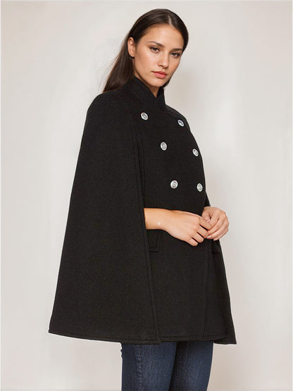 Woolen Poncho Coat Stand Collar Double Breasted Women Cape Outerwear