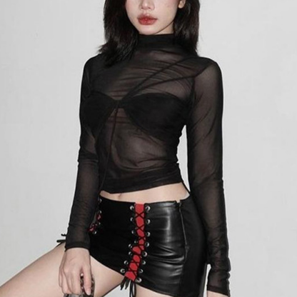 Long sleeve high neck mesh solid top