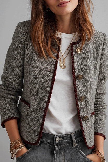 Elegant Round Neck Long-sleeved Button Casual Jacket