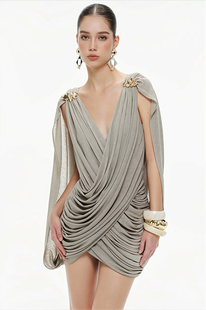 Deep V-Neck Ruched Draped Shoulder Hardware Cape Detail Mini Dress