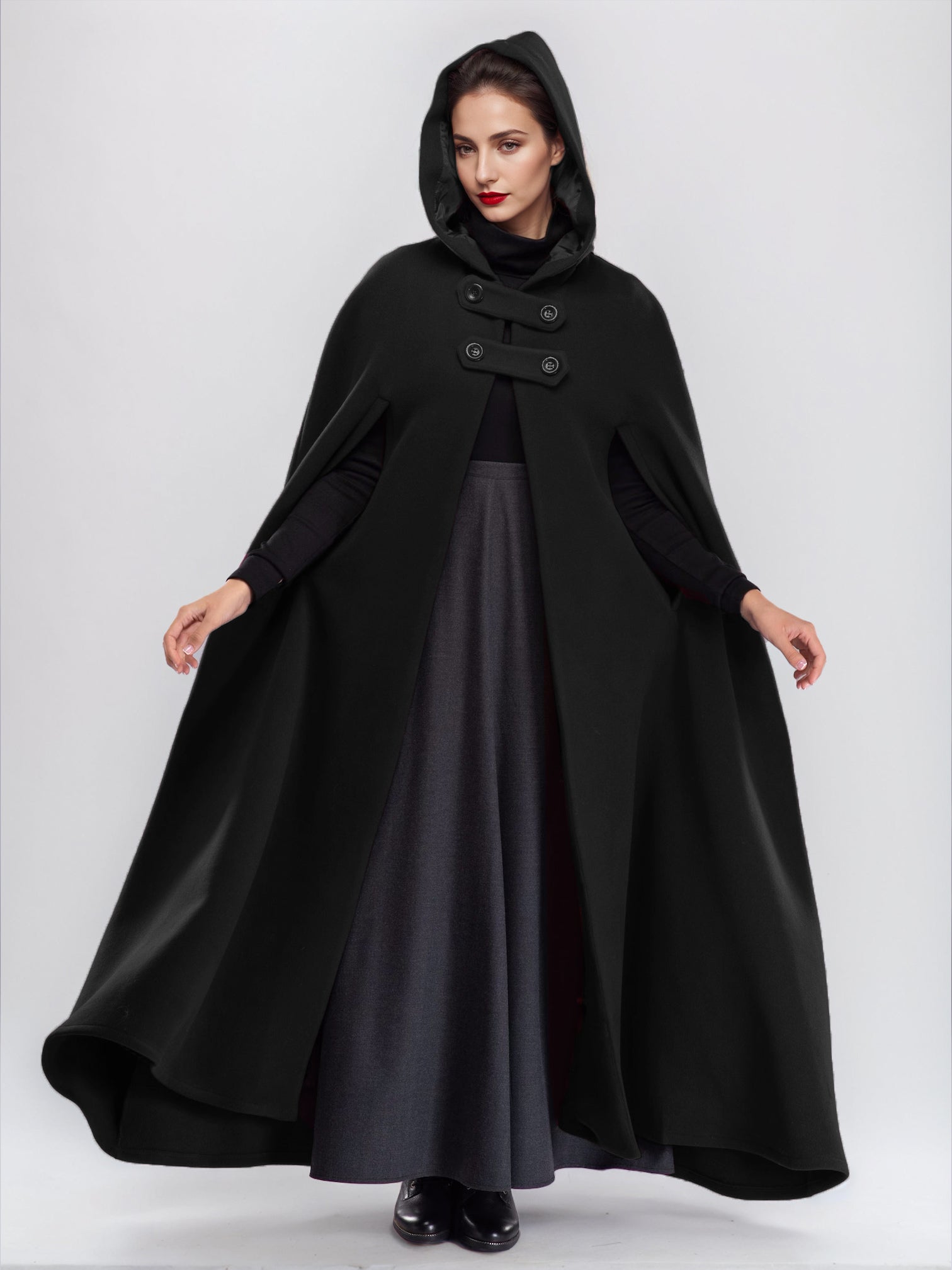 Wool Blend Maxi Cape Coat With Hooded Burgundy Full Length Poncho Oversized Outerwear For Women 2026