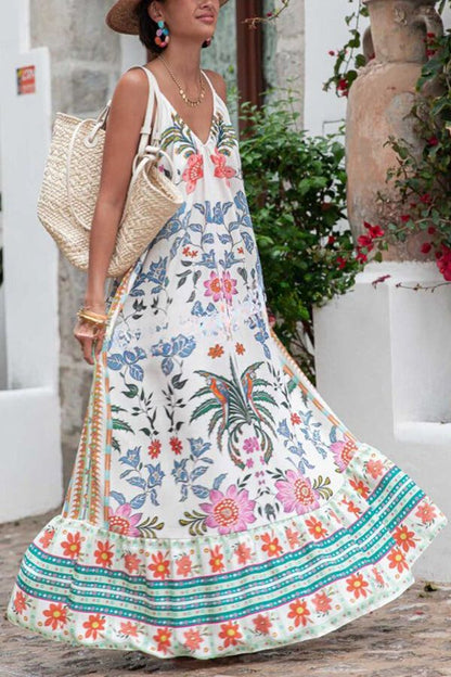 Marisol Linen Blend Unique Print A-line Slip Loose Maxi Dress