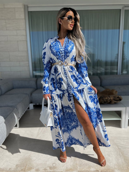 Baroque Emblem Maxi Dress for Women - Scroll Print V Neck Lantern Sleeve High Slit Dress - Spring Resort Wedding Guest 2026