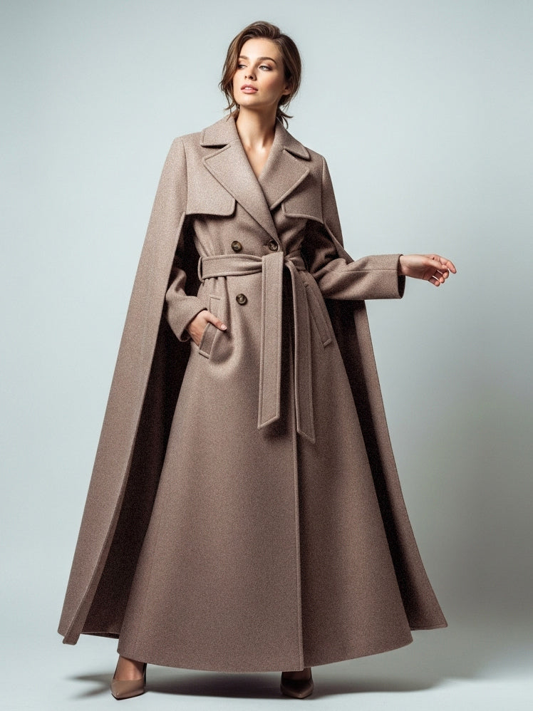 Maxi Double-breasted Woolen Coat With Detachable Cape And Belt For Women 2026