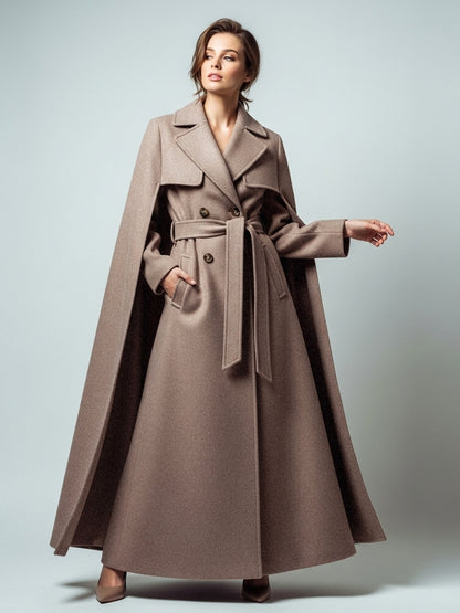 Maxi Double-breasted Woolen Coat With Detachable Cape And Belt For Women 2026