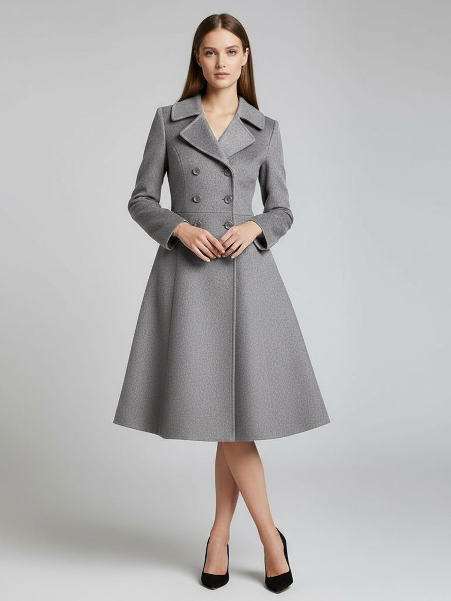 Double-Breasted Wool Blend Midi Coat With Flared A-Line Silhouette For Women 2026