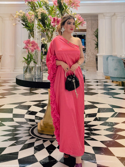 One Shoulder Ruffles Pink Dress