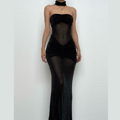 Sweetheart neck ruched see through glitter tube maxi dress