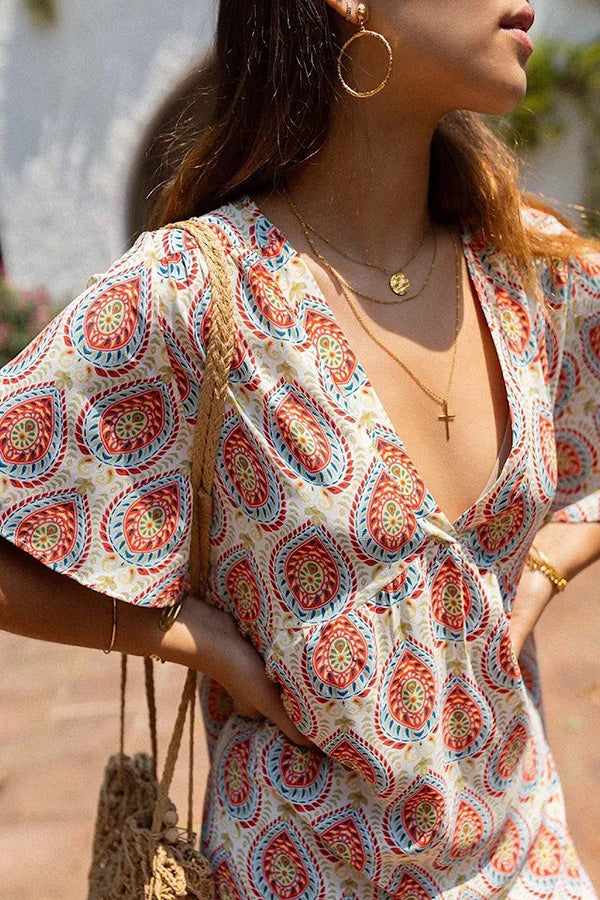 Bohemian v-neck short-sleeved loose dress