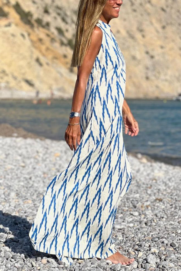 Blue Printed Casual Sleeveless Long Dress