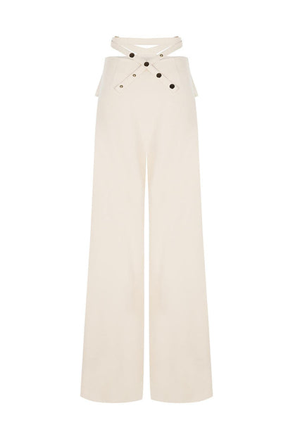 Leia High Neck Button Bell Sleeve Top and Cutout Waist Metal Pocketed Flare Pants Set