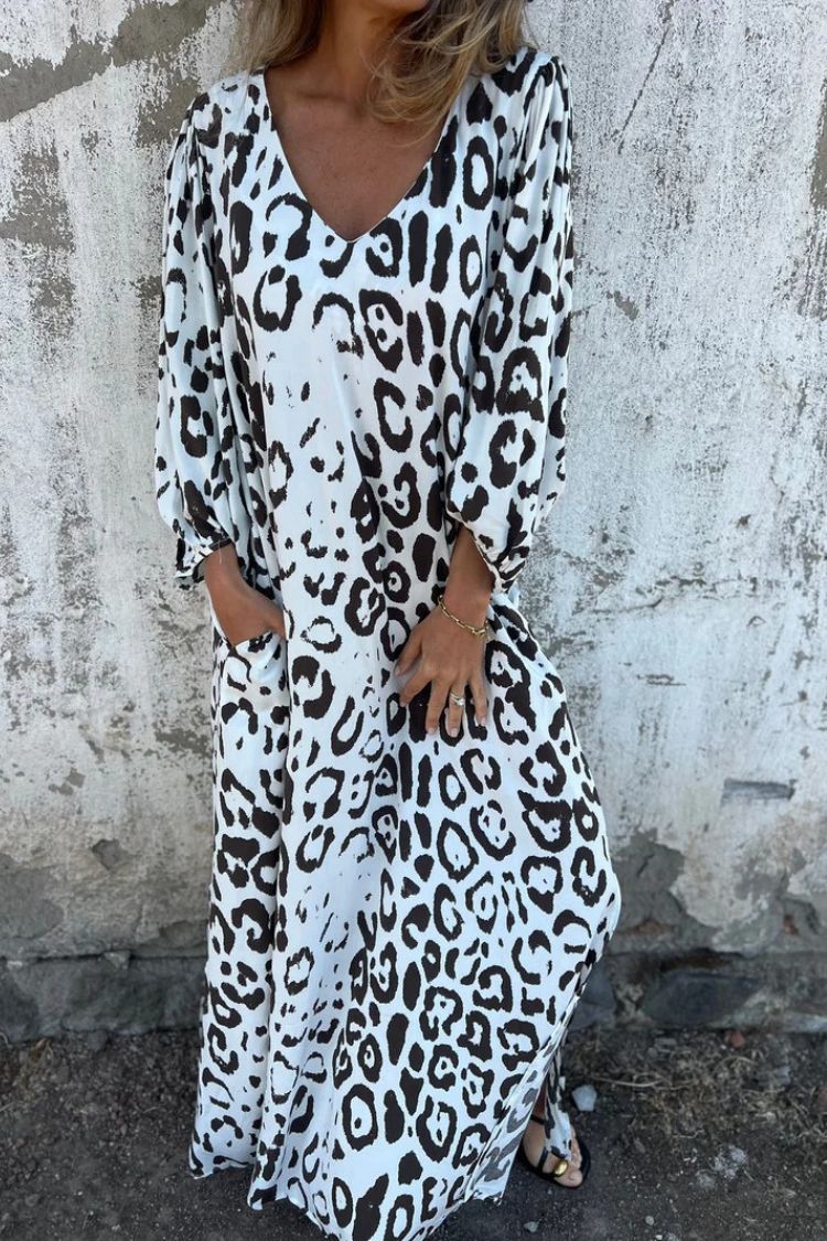 Leopard Print V-neck Pullover Long-sleeved Loose Dress