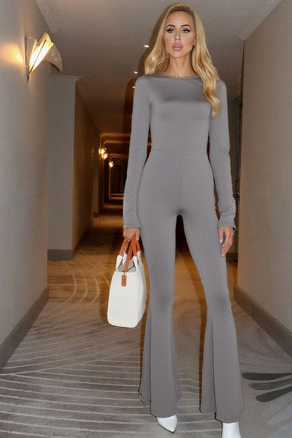 Long Sleeve Backless Slim Straight Wide Leg Jumpsuit