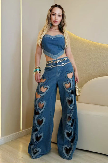 High Waist Heart Cutout Wide Leg Jean