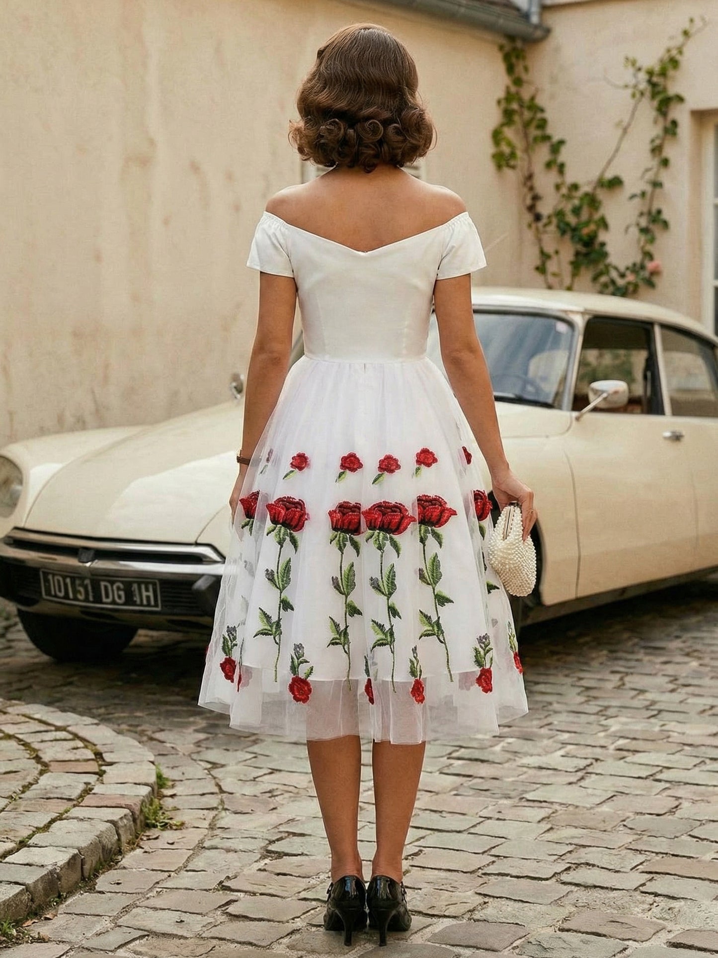 Rose Embroidered Vintage Midi Swing Dress for Women - 1950s Off Shoulder Style A-Line - Summer Tea Party 2026