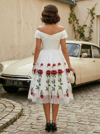 Rose Embroidered Vintage Midi Swing Dress for Women - 1950s Off Shoulder Style A-Line - Summer Tea Party 2026