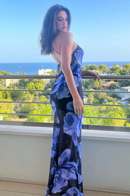 Sheer Printed Halter Neck Strappy Maxi Dress