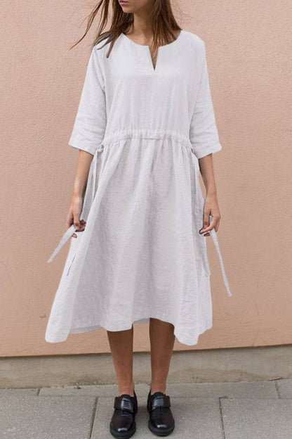 Lace-up V-neck cotton linen mid-sleeve dress