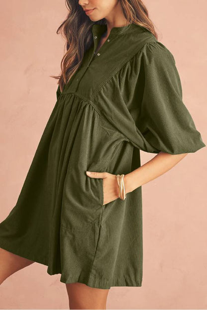 Vineyard Green Snap Button Empire Waist Lantern Sleeve Corduroy Dress