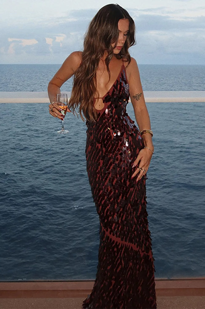 Sequin Paillette Spaghetti Strap Bust Cutout Mermaid Maxi Gown