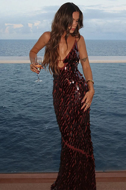 Sequin Paillette Spaghetti Strap Bust Cutout Mermaid Maxi Gown