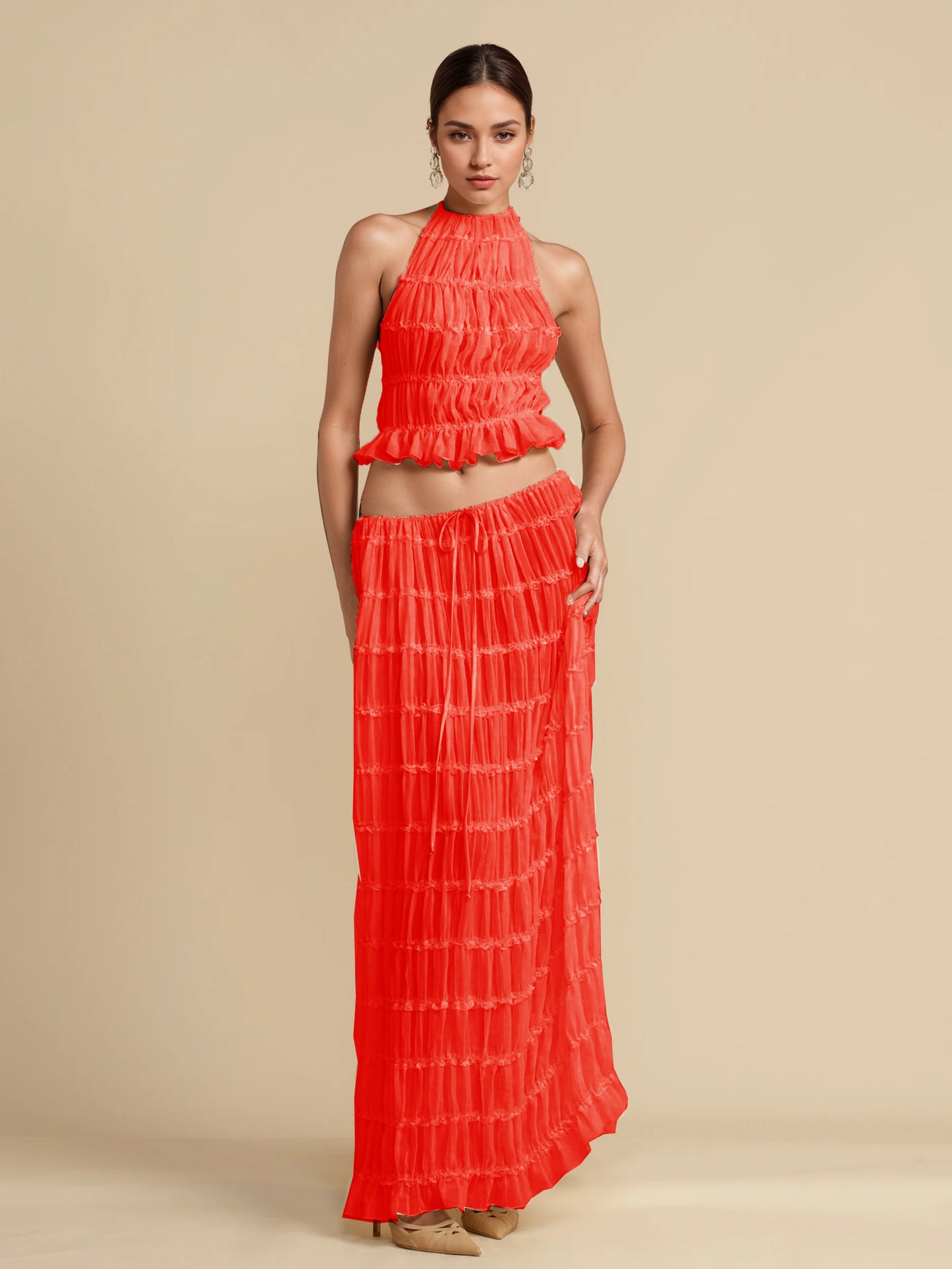 Textured Halter Neck Crop Top And Long Skirt 2 Piece Co-ord Set For Beach 2026